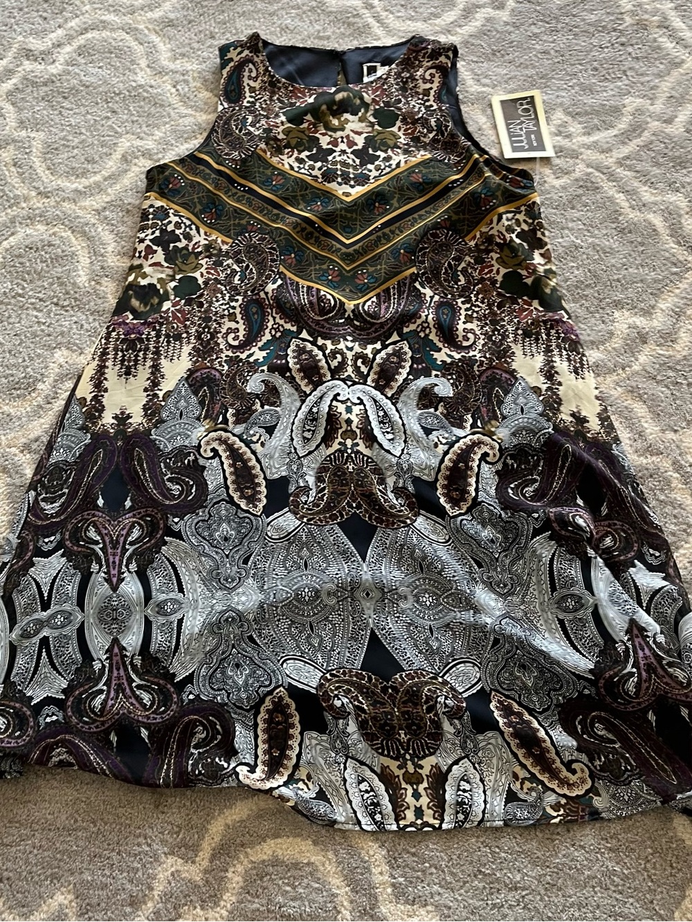 Julian Taylor Black, Cream, Olive & Teal Paisley Mini Dress